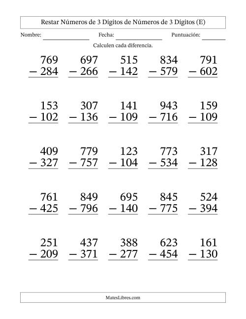 La hoja de ejercicios de Restar números de 3 dígitos de números de 3 dígitos, con acarreo en algunas preguntas (25 preguntas) - Formato Grande (E)
