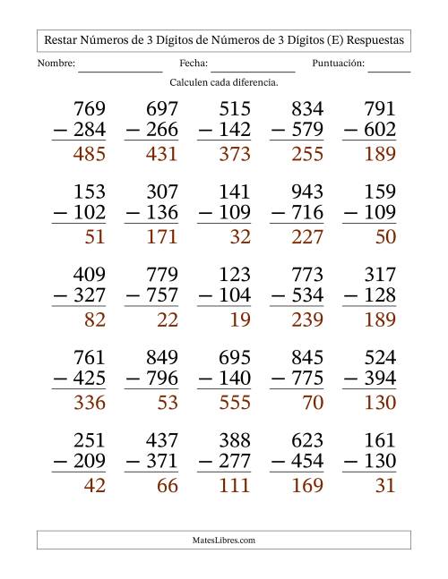 La hoja de ejercicios de Restar números de 3 dígitos de números de 3 dígitos, con acarreo en algunas preguntas (25 preguntas) - Formato Grande (E) Página 2