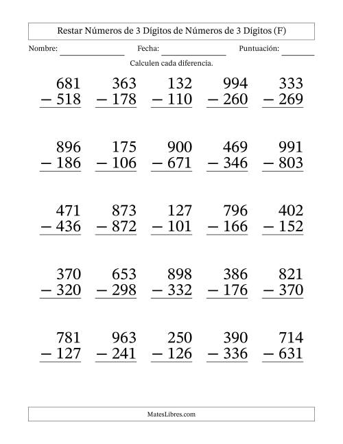 La hoja de ejercicios de Restar números de 3 dígitos de números de 3 dígitos, con acarreo en algunas preguntas (25 preguntas) - Formato Grande (F)