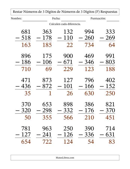 La hoja de ejercicios de Restar números de 3 dígitos de números de 3 dígitos, con acarreo en algunas preguntas (25 preguntas) - Formato Grande (F) Página 2