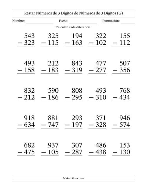 La hoja de ejercicios de Restar números de 3 dígitos de números de 3 dígitos, con acarreo en algunas preguntas (25 preguntas) - Formato Grande (G)