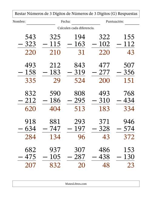 La hoja de ejercicios de Restar números de 3 dígitos de números de 3 dígitos, con acarreo en algunas preguntas (25 preguntas) - Formato Grande (G) Página 2