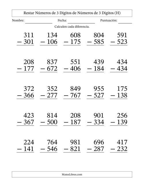 La hoja de ejercicios de Restar números de 3 dígitos de números de 3 dígitos, con acarreo en algunas preguntas (25 preguntas) - Formato Grande (H)