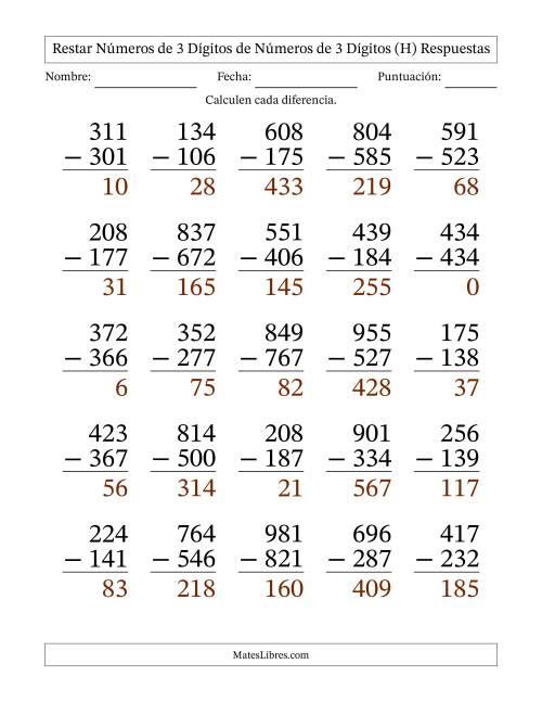 La hoja de ejercicios de Restar números de 3 dígitos de números de 3 dígitos, con acarreo en algunas preguntas (25 preguntas) - Formato Grande (H) Página 2