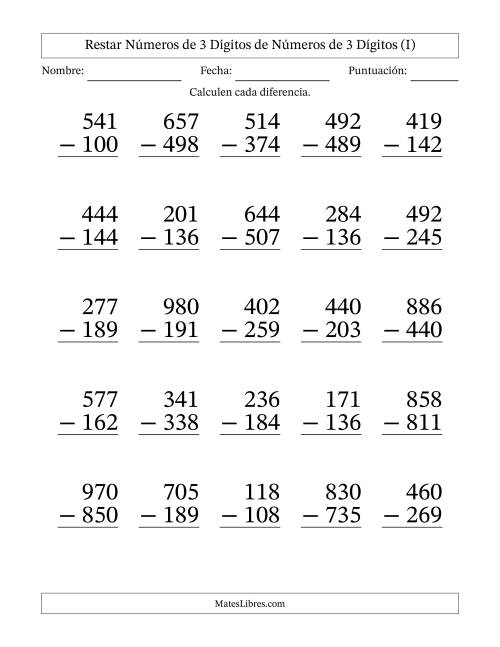 La hoja de ejercicios de Restar números de 3 dígitos de números de 3 dígitos, con acarreo en algunas preguntas (25 preguntas) - Formato Grande (I)