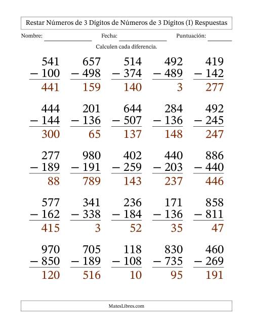 La hoja de ejercicios de Restar números de 3 dígitos de números de 3 dígitos, con acarreo en algunas preguntas (25 preguntas) - Formato Grande (I) Página 2