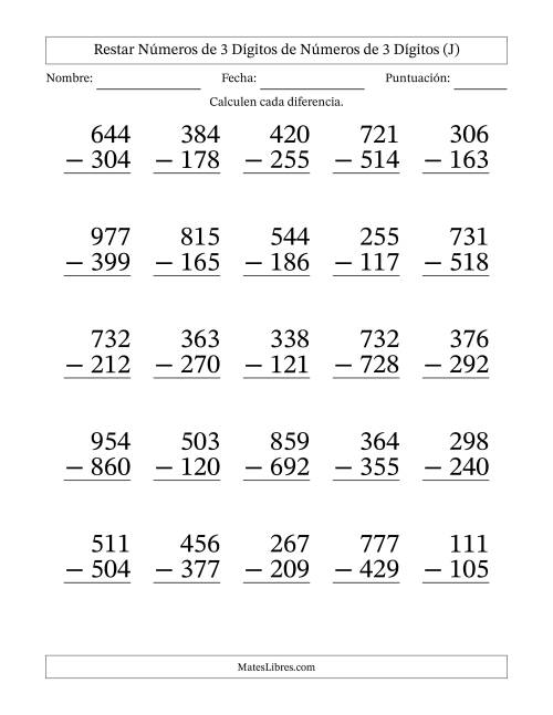 La hoja de ejercicios de Restar números de 3 dígitos de números de 3 dígitos, con acarreo en algunas preguntas (25 preguntas) - Formato Grande (J)