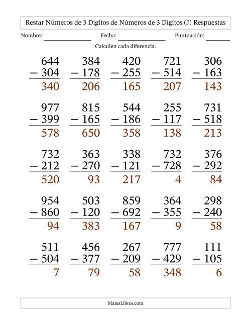 La hoja de ejercicios de Restar números de 3 dígitos de números de 3 dígitos, con acarreo en algunas preguntas (25 preguntas) - Formato Grande (J) Página 2