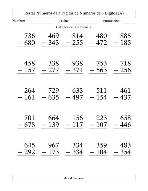 La hoja de ejercicios de Restar números de 3 dígitos de números de 3 dígitos, con acarreo en algunas preguntas (25 preguntas) - Formato Grande (Todas)