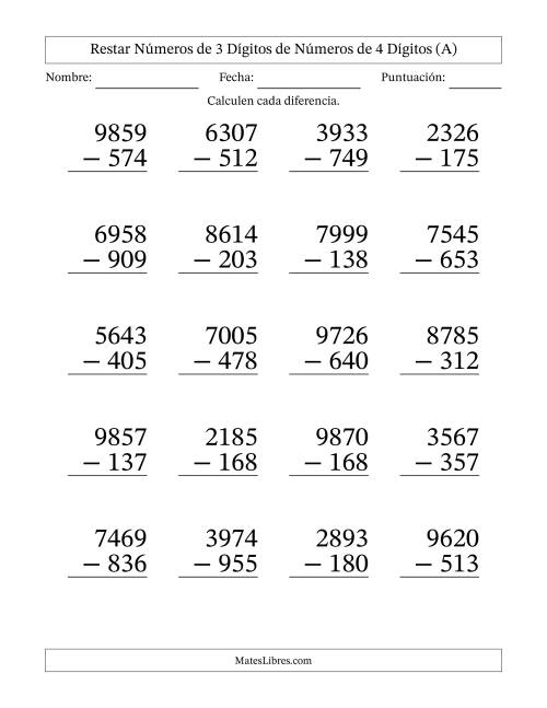 La hoja de ejercicios de Restar números de 3 dígitos de números de 4 dígitos, con acarreo en algunas preguntas (20 preguntas) - Formato Grande (A)
