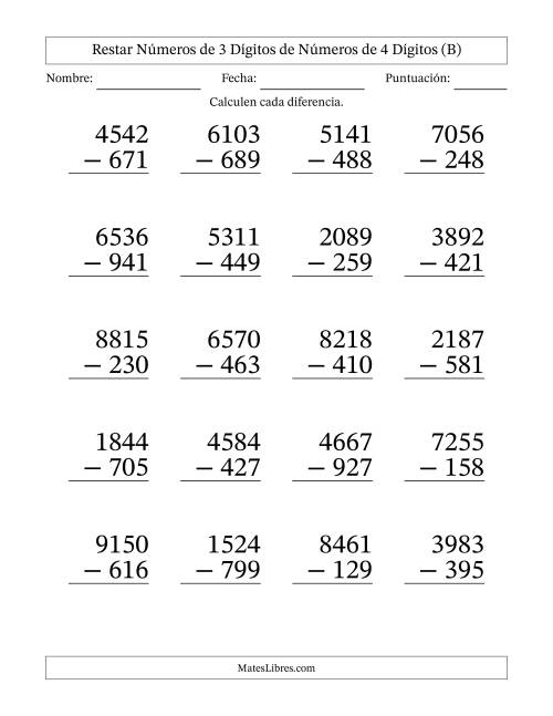 La hoja de ejercicios de Restar números de 3 dígitos de números de 4 dígitos, con acarreo en algunas preguntas (20 preguntas) - Formato Grande (B)