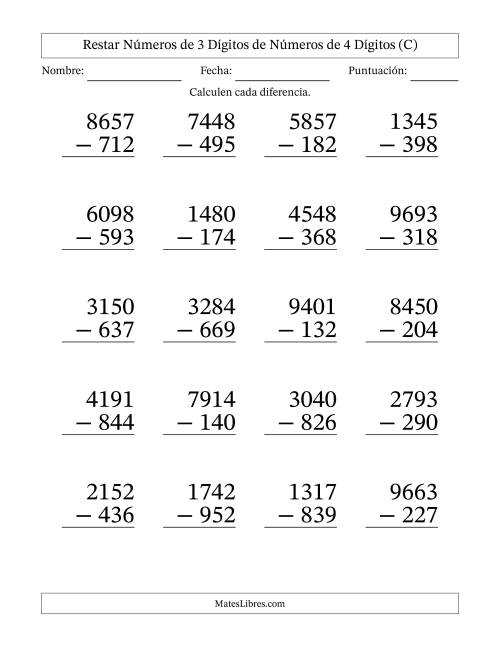 La hoja de ejercicios de Restar números de 3 dígitos de números de 4 dígitos, con acarreo en algunas preguntas (20 preguntas) - Formato Grande (C)