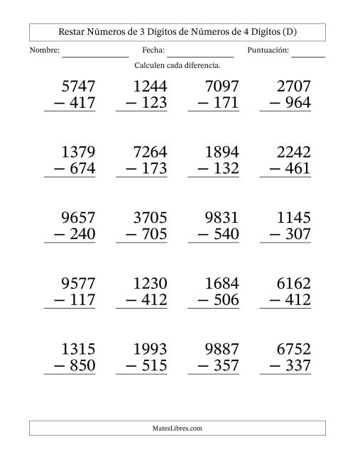 La hoja de ejercicios de Restar números de 3 dígitos de números de 4 dígitos, con acarreo en algunas preguntas (20 preguntas) - Formato Grande (D)