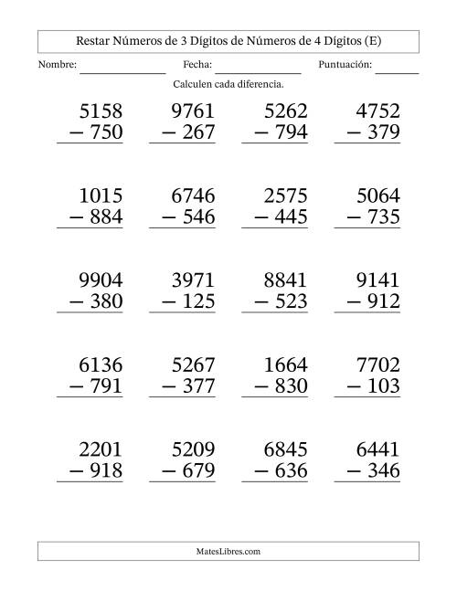 La hoja de ejercicios de Restar números de 3 dígitos de números de 4 dígitos, con acarreo en algunas preguntas (20 preguntas) - Formato Grande (E)