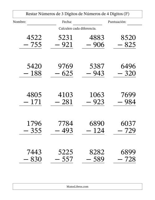 La hoja de ejercicios de Restar números de 3 dígitos de números de 4 dígitos, con acarreo en algunas preguntas (20 preguntas) - Formato Grande (F)