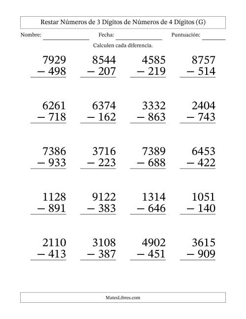 La hoja de ejercicios de Restar números de 3 dígitos de números de 4 dígitos, con acarreo en algunas preguntas (20 preguntas) - Formato Grande (G)