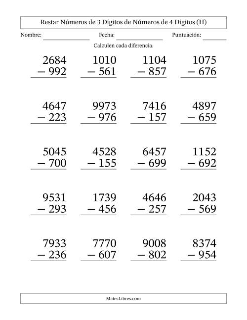 La hoja de ejercicios de Restar números de 3 dígitos de números de 4 dígitos, con acarreo en algunas preguntas (20 preguntas) - Formato Grande (H)