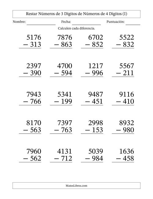 La hoja de ejercicios de Restar números de 3 dígitos de números de 4 dígitos, con acarreo en algunas preguntas (20 preguntas) - Formato Grande (I)
