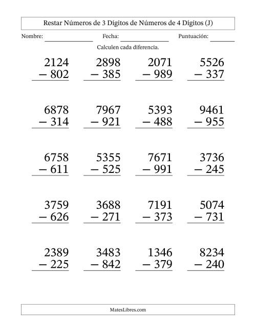 La hoja de ejercicios de Restar números de 3 dígitos de números de 4 dígitos, con acarreo en algunas preguntas (20 preguntas) - Formato Grande (J)