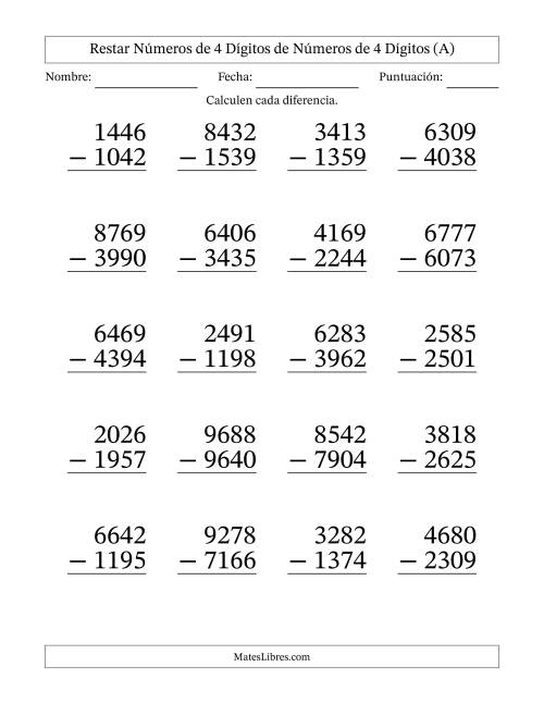 La hoja de ejercicios de Restar números de 4 dígitos de números de 4 dígitos, con acarreo en algunas preguntas (20 preguntas) - Formato Grande (A)