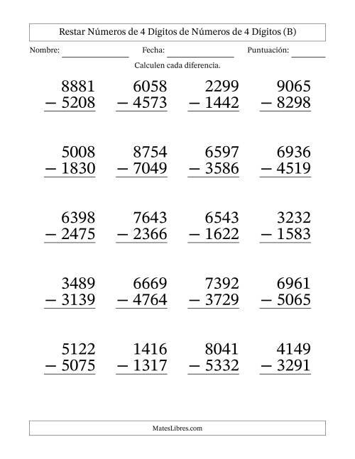 La hoja de ejercicios de Restar números de 4 dígitos de números de 4 dígitos, con acarreo en algunas preguntas (20 preguntas) - Formato Grande (B)