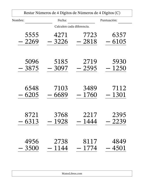 La hoja de ejercicios de Restar números de 4 dígitos de números de 4 dígitos, con acarreo en algunas preguntas (20 preguntas) - Formato Grande (C)