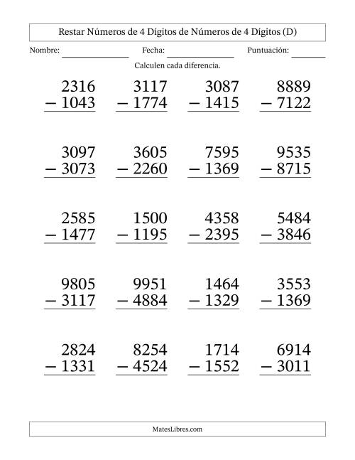 La hoja de ejercicios de Restar números de 4 dígitos de números de 4 dígitos, con acarreo en algunas preguntas (20 preguntas) - Formato Grande (D)