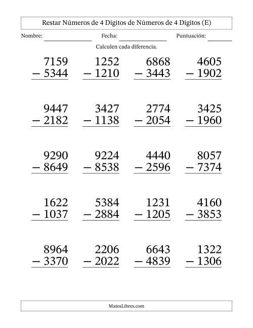 La hoja de ejercicios de Restar números de 4 dígitos de números de 4 dígitos, con acarreo en algunas preguntas (20 preguntas) - Formato Grande (E)