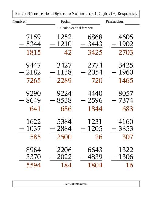 La hoja de ejercicios de Restar números de 4 dígitos de números de 4 dígitos, con acarreo en algunas preguntas (20 preguntas) - Formato Grande (E) Página 2
