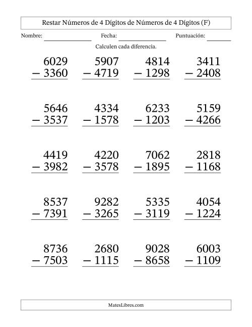 La hoja de ejercicios de Restar números de 4 dígitos de números de 4 dígitos, con acarreo en algunas preguntas (20 preguntas) - Formato Grande (F)