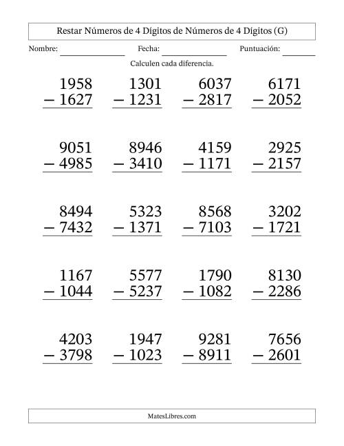 La hoja de ejercicios de Restar números de 4 dígitos de números de 4 dígitos, con acarreo en algunas preguntas (20 preguntas) - Formato Grande (G)