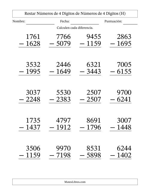 La hoja de ejercicios de Restar números de 4 dígitos de números de 4 dígitos, con acarreo en algunas preguntas (20 preguntas) - Formato Grande (H)