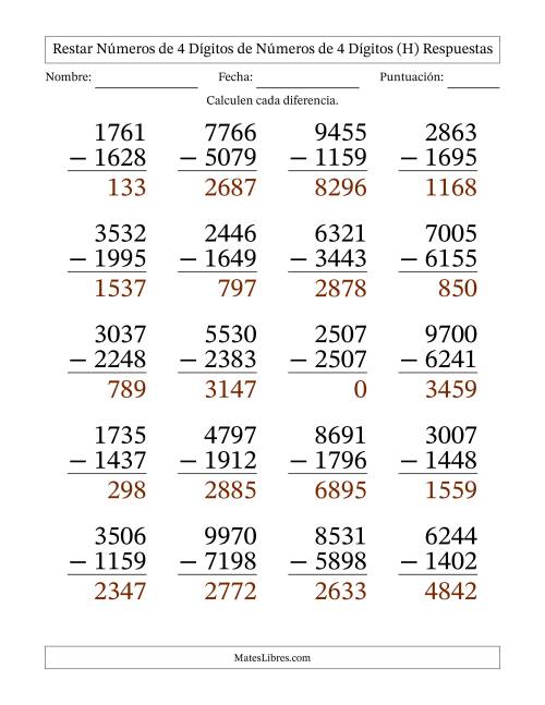 La hoja de ejercicios de Restar números de 4 dígitos de números de 4 dígitos, con acarreo en algunas preguntas (20 preguntas) - Formato Grande (H) Página 2