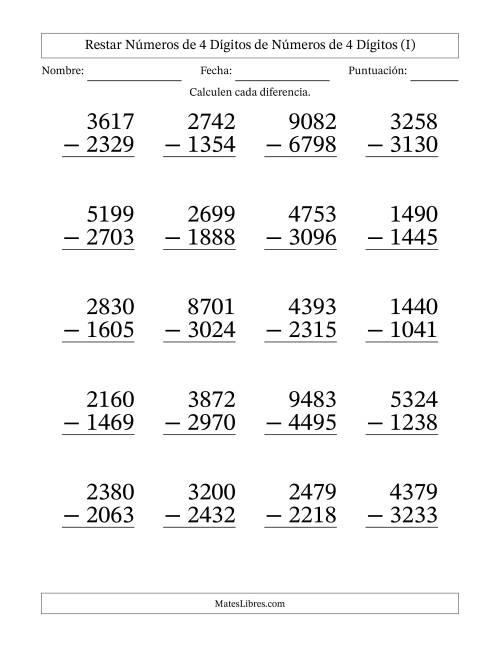 La hoja de ejercicios de Restar números de 4 dígitos de números de 4 dígitos, con acarreo en algunas preguntas (20 preguntas) - Formato Grande (I)