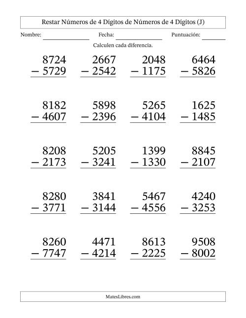 La hoja de ejercicios de Restar números de 4 dígitos de números de 4 dígitos, con acarreo en algunas preguntas (20 preguntas) - Formato Grande (J)