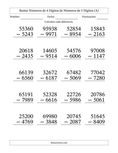 La hoja de ejercicios de Restar números de 4 dígitos de números de 5 dígitos, con acarreo en algunas preguntas (20 preguntas) - Formato Grande (A)