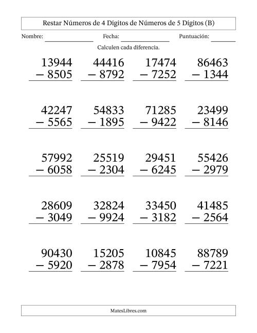 La hoja de ejercicios de Restar números de 4 dígitos de números de 5 dígitos, con acarreo en algunas preguntas (20 preguntas) - Formato Grande (B)