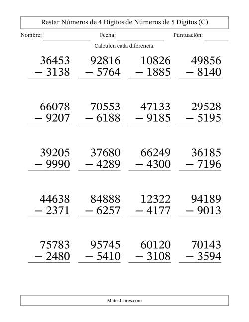 La hoja de ejercicios de Restar números de 4 dígitos de números de 5 dígitos, con acarreo en algunas preguntas (20 preguntas) - Formato Grande (C)