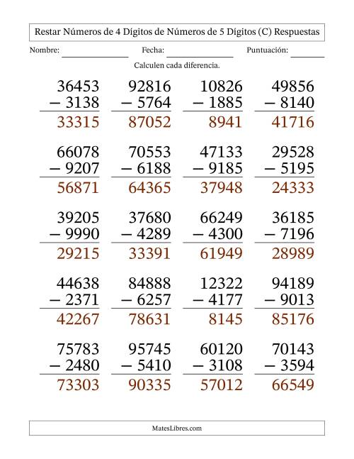 La hoja de ejercicios de Restar números de 4 dígitos de números de 5 dígitos, con acarreo en algunas preguntas (20 preguntas) - Formato Grande (C) Página 2
