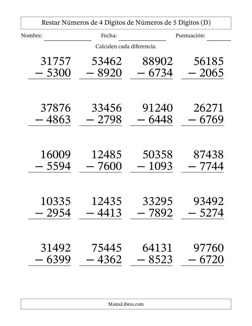 La hoja de ejercicios de Restar números de 4 dígitos de números de 5 dígitos, con acarreo en algunas preguntas (20 preguntas) - Formato Grande (D)