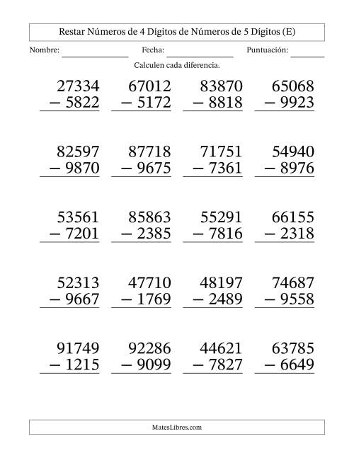 La hoja de ejercicios de Restar números de 4 dígitos de números de 5 dígitos, con acarreo en algunas preguntas (20 preguntas) - Formato Grande (E)