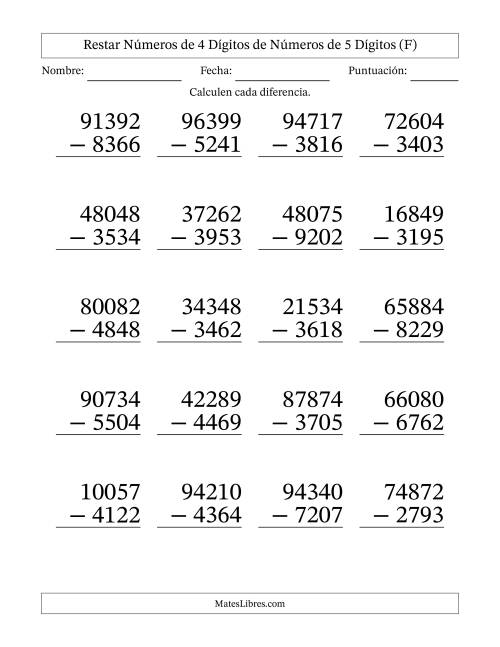 La hoja de ejercicios de Restar números de 4 dígitos de números de 5 dígitos, con acarreo en algunas preguntas (20 preguntas) - Formato Grande (F)