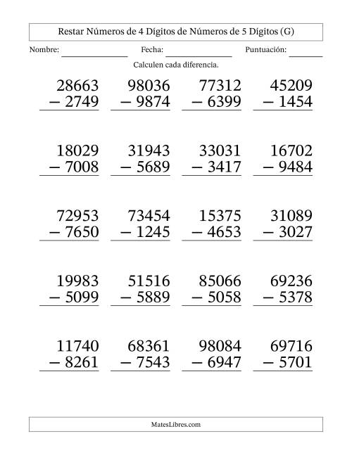 La hoja de ejercicios de Restar números de 4 dígitos de números de 5 dígitos, con acarreo en algunas preguntas (20 preguntas) - Formato Grande (G)