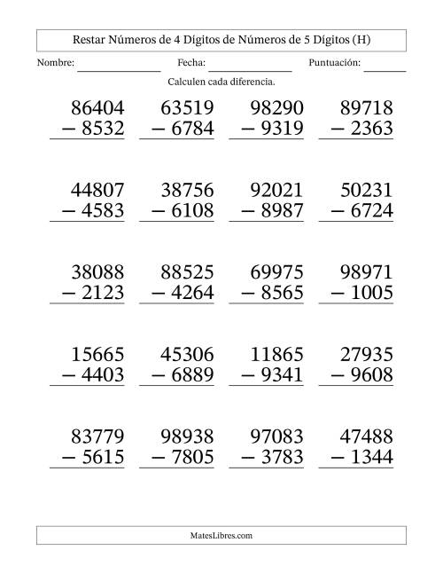 La hoja de ejercicios de Restar números de 4 dígitos de números de 5 dígitos, con acarreo en algunas preguntas (20 preguntas) - Formato Grande (H)