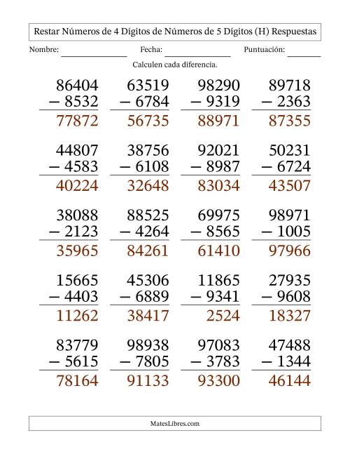 La hoja de ejercicios de Restar números de 4 dígitos de números de 5 dígitos, con acarreo en algunas preguntas (20 preguntas) - Formato Grande (H) Página 2