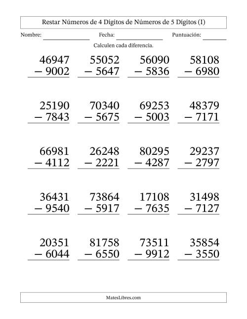 La hoja de ejercicios de Restar números de 4 dígitos de números de 5 dígitos, con acarreo en algunas preguntas (20 preguntas) - Formato Grande (I)
