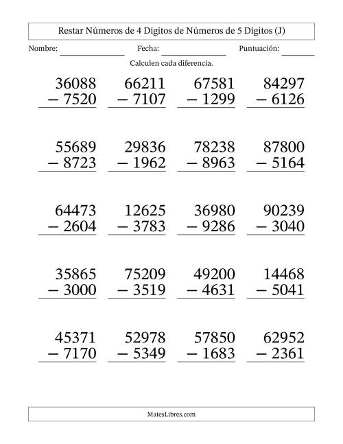 La hoja de ejercicios de Restar números de 4 dígitos de números de 5 dígitos, con acarreo en algunas preguntas (20 preguntas) - Formato Grande (J)