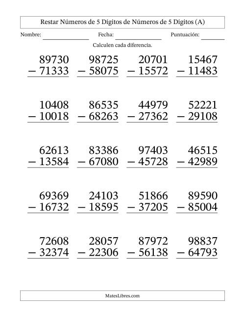 La hoja de ejercicios de Restar números de 5 dígitos de números de 5 dígitos, con acarreo en algunas preguntas (20 preguntas) - Formato Grande (A)