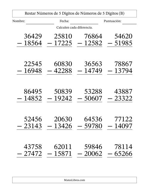 La hoja de ejercicios de Restar números de 5 dígitos de números de 5 dígitos, con acarreo en algunas preguntas (20 preguntas) - Formato Grande (B)