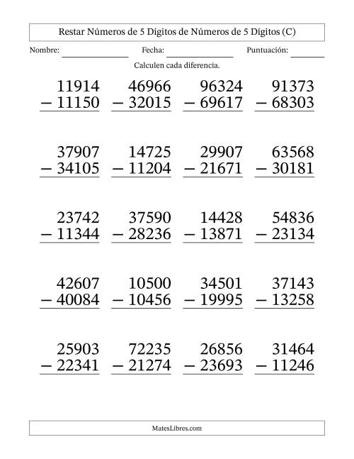 La hoja de ejercicios de Restar números de 5 dígitos de números de 5 dígitos, con acarreo en algunas preguntas (20 preguntas) - Formato Grande (C)